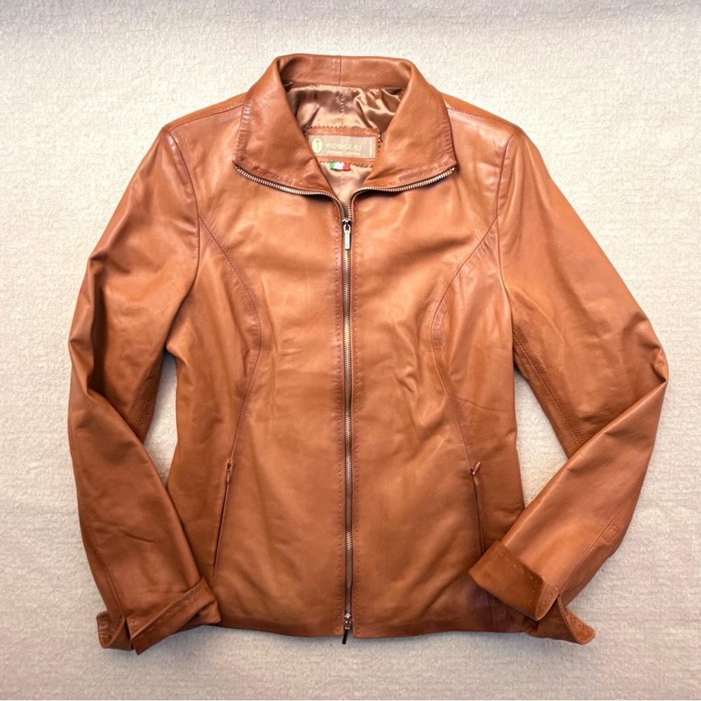 Douglas Made in Italy Tan Brown Collared Zip Up Leather Jacket S